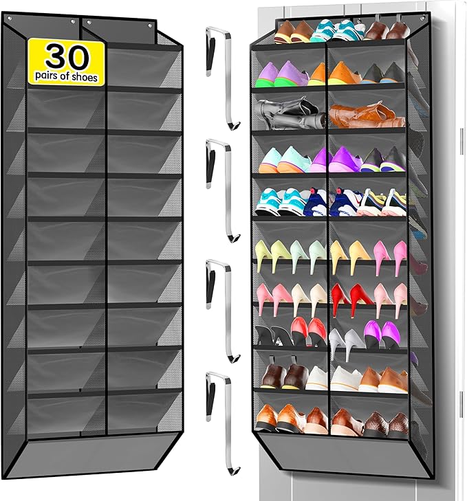 10-Tier Over the Door Shoe Organizer, 20 Pockets Holds 20-30 Pairs, Heavy-Duty Oxford Fabric with Hexagon Mesh for Boots & Sneakers-Dark Gray