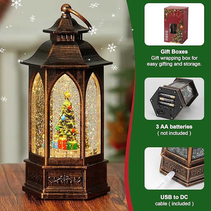 Christmas Snow Globe Lantern Water Glittering Christmas Tree Crown with Music, USB Lined/Battery Operated Lighted Lantern for Christmas Festival Decoration Gifts