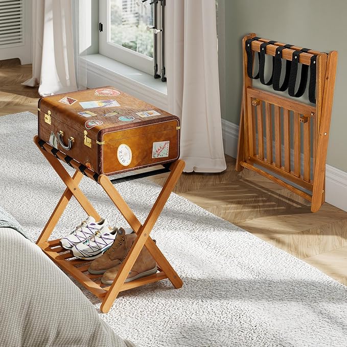 Goplus Luggage Rack for Guest Room Set of 4, Folding Suitcase Stand with Storage Shelf, Acacia Wood Frame & 5 Nylon Straps, Fully Assembled 27" Luggage Stand for Bedroom, Hotel, Holds up to 200 LBS