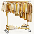 Raybee 75" W Heavy Duty Clothes Rack Load 450 LBS, Metal Garment Storage with Shelf, Lockable Wheels & Anti-Slip Stoppers, Rolling Clothing Rack for Bedroom Laundry Room, Gold