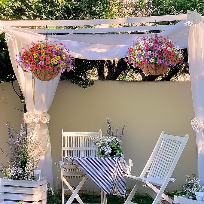 Artificial Faux Hanging Flowers Plants with Basket for Outdoor Spring Decoration, Fake Silk Daisy Outside Indoor UV Resistant Look Real Yard Patio Front Porch Garden Balcony Home Decor(Mix4)