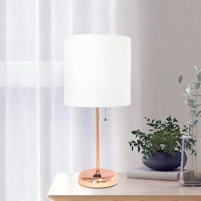Oslo 19.5" Contemporary Bedside Power Outlet Base Standard Metal Table Desk Lamp in Rose Gold with White Drum Fabric Shade