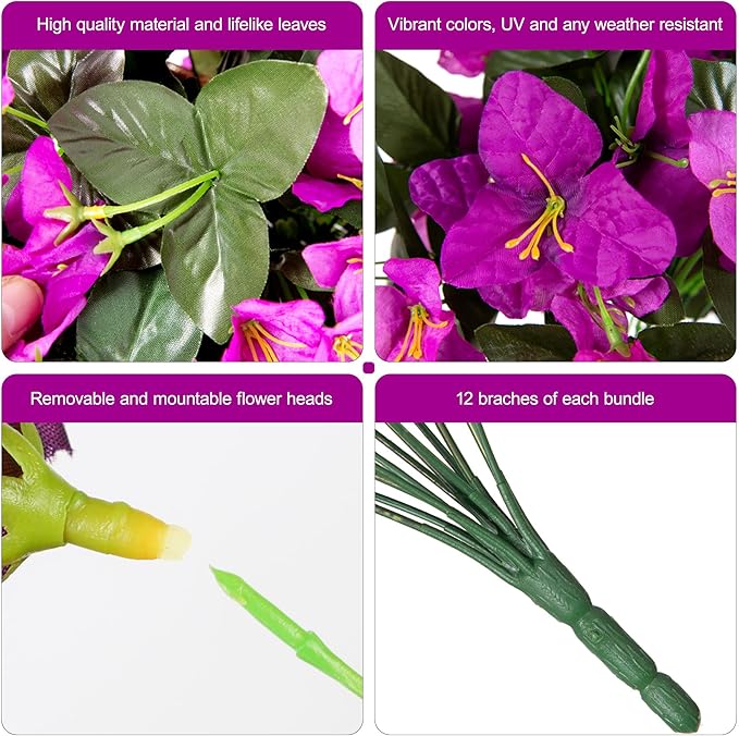 Faux Bougainvillea Artificial Flowers for Outdoors Fake Plants Spring Outdoor Decor, 4 Bundles UV Resistant Realistic Bougainvillea Silk Flowers for Outside Porch Patio Window Planter Garden Home