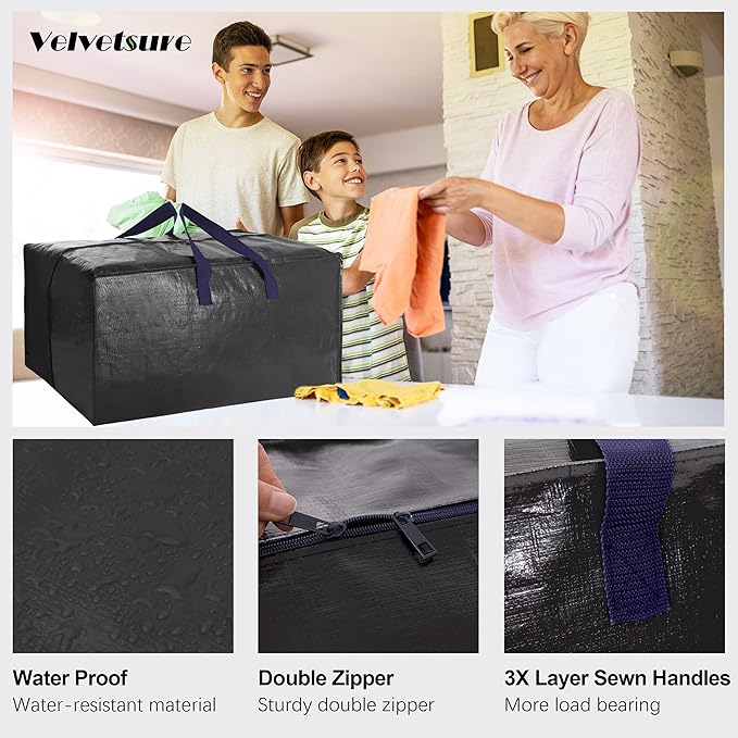 12 Pack Heavy Duty Extra Large Moving Bags W/Backpack Straps - Strong Handles & Zippers, Storage Totes For Space Saving, Fold Flat, Alternative to Moving Box and Storage Bin, Black
