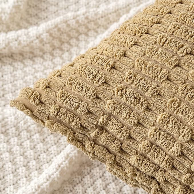 MIULEE Pack of 2 Corduroy Decorative Throw Pillow Covers 20x20 Inch Soft Boho Striped Pillow Covers Modern Farmhouse Home Decor for Sofa Living Room Couch Bed Khaki