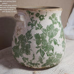 Vintage Ceramic Vase with Green Floral Pattern, White and Green, Crackle Glazed Finish, Decorative Garden Design (Large - Belly Jar with Drainage Hole)