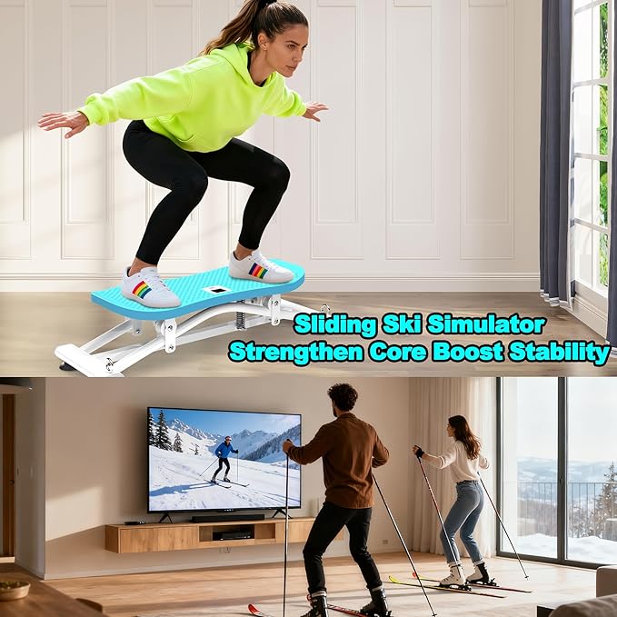 Ski Exercise Machine for Home Ski Simulator Balance Board with Resistance Bands Indoor Skiing Fitness Equipment for Full Body Cardio Core Leg and Arm Workout Balance Machine with Non-Slip Base Blue