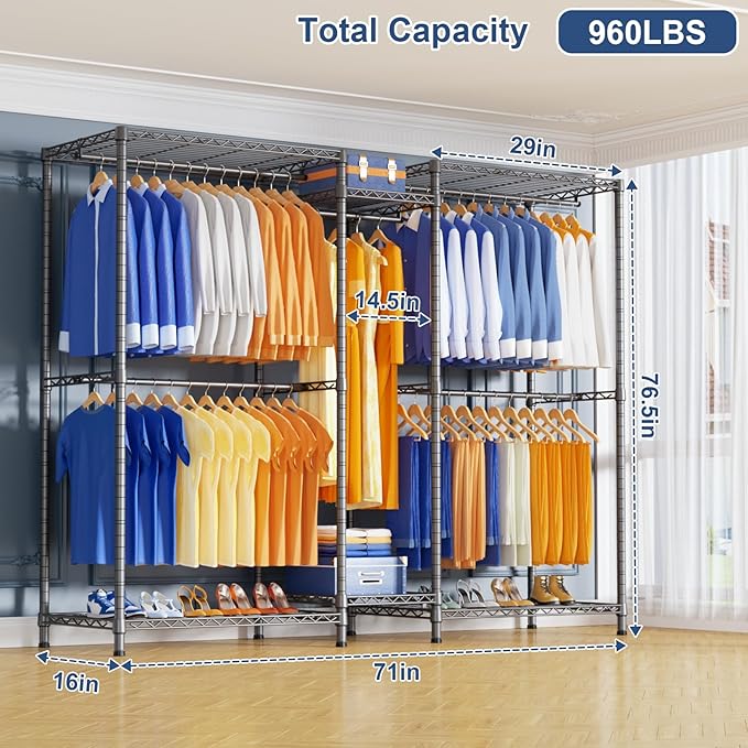 Ulif E12 Pro Clothes Rack，Heavy Duty Freestanding Garment Rack with Shelves，Metal Clothing Closet Storage System for Hanging Clothes，71" W x 16" D x 76.5" H, Hold 960 lbs，Grey