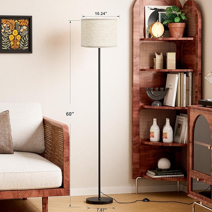 Ambimall 60'' Modern Floor Lamp with Shade, Tall Lamps for Living Room, Bedroom, Office, Dining Room, Beige Shade with Black Pole(Without Bulb)