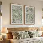 Framed Green Abstract Botanical Wall Art, 2 Piece Tropical Plant Canvas Painting Prints Artwork for Walls, Minimalist Boho Neutral Palm Leaf Pictures for Living Room Bedroom Kitchen Wall Decor, 24x36