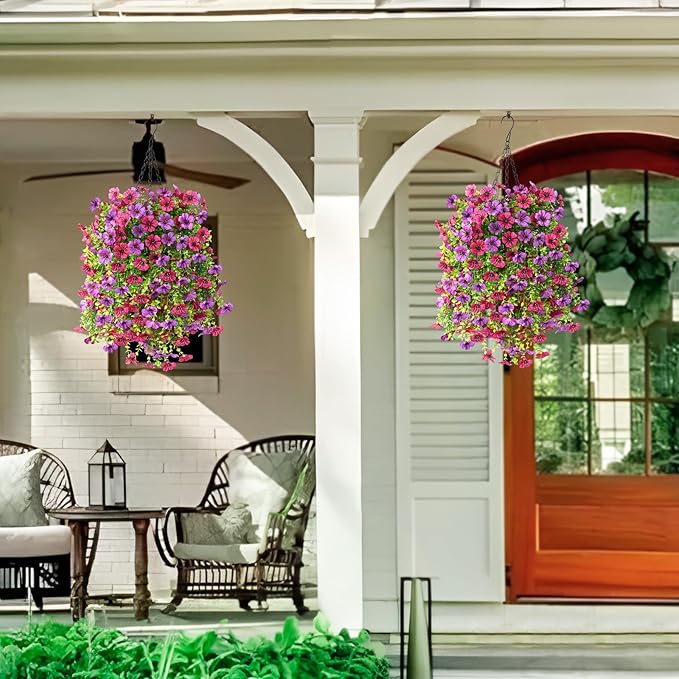 Homsunny Artificial Fake Hanging Plants Flowers Baskets for Outdoor Outside Spring Decor,Faux Silk Daisy UV Resistant Look Real Summer Decorations for Home Porch Patio Yard Garden(Light Purple