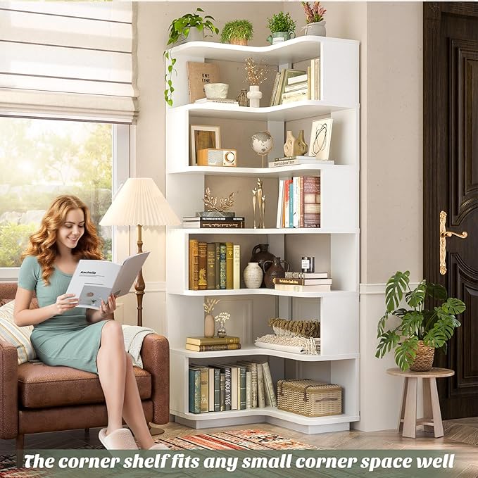 Armocity Corner Book Shelf - 7 Tier Corner Bookshelf Etagere Bookcase with Baffle, Freestanding L Shaped Display Shelf Stand for Home Office, Living Room, Bedroom, Kitchen, White