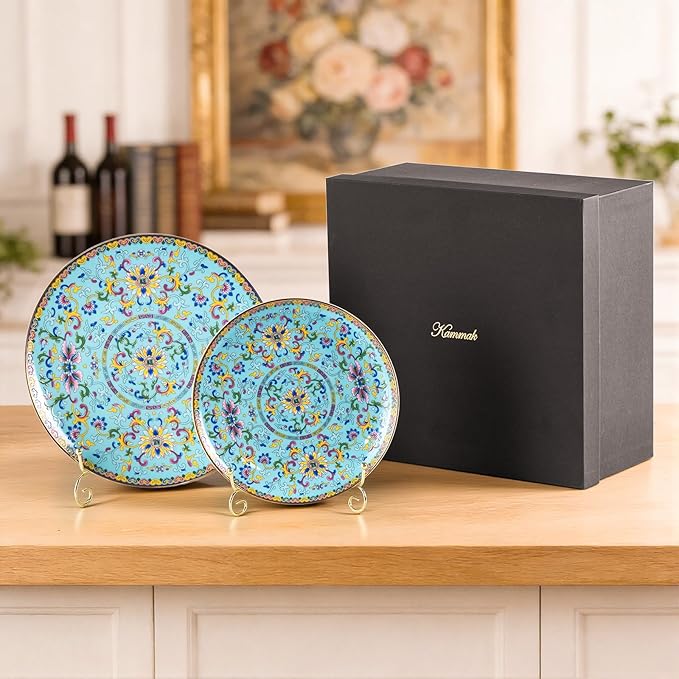 KAMMAK Decorative Plates Set for Display, Blue Ceramic Plate Decor with Stand, Handmade Vintage Porcelain Ornament for Table, Living Room, Kitchen, Office, Perfect Chinese Style Dish Gift (8in+10in)