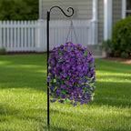 Artificial Faux Hanging Flowers Basket for Spring Summer Outdoor Porch Decor, Fake Silk Colorful Morning Glory Eucalyptus in Planter UV Resistant Look Real for Home Balcony Yard(Dark Purple)