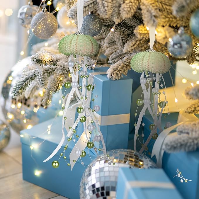 3 Pcs Sea Urchin Jellyfish Christmas Ornament Coastal Beaded Beach Theme Holiday Decorations Ocean Inspired Elegant Hanging Jellyfish Decorations with Crystal and Ribbons (Green)