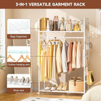 Portable Clothes Rack with Adjustable Shelf Divider, Freestanding Closet Organizers and Storage, Garment Rack and Purse Storage with 8 Hooks, Clothes Organizer on Wheels for Hanging Clothes, White