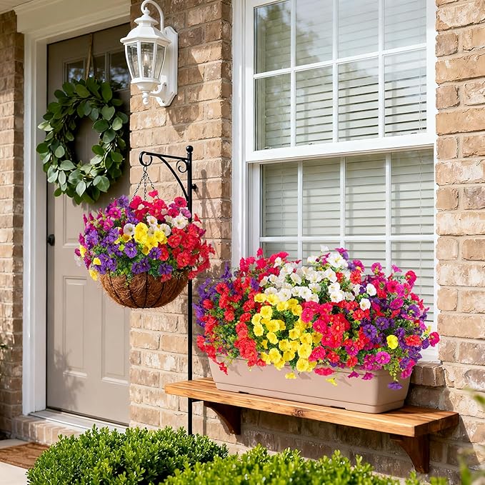 Artificial Flowers for Outdoors Decoration, 12 Bundles Fake Plastic Flower Plant, Faux Colorful Silk Morning Glory Petunias for Spring Summer Outside Garden Porch Front Door Decor, Six Mixed
