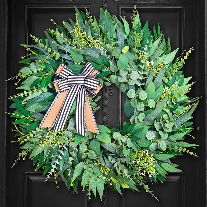 26 Inch Large Eucalyptus Wreath for Front Door Year Round, Spring Summer Greenery Farmhouse Wreath with Detachable Bow, Everyday Home Decor Used for Front Door Wall Porch