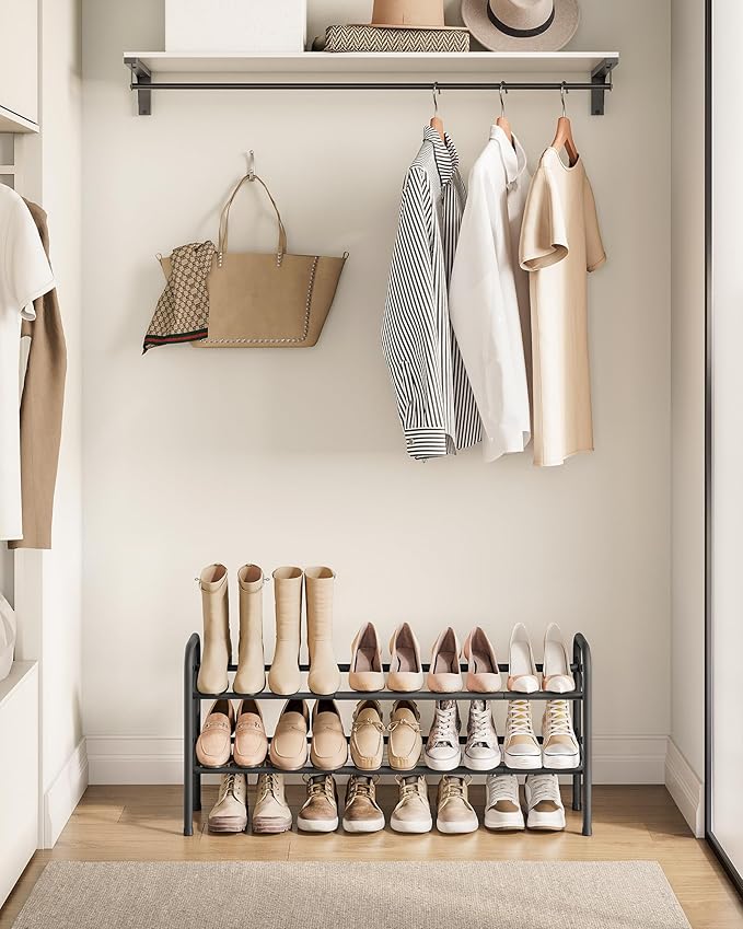 SONGMICS Expandable Shoe Rack, 2 Tier Shoe Rack Shelf, Adjustable Shoe Organizer Storage for 15 Pairs of Shoes, Metal Free Standing Shoe Racks for Closet, Front Door Entryway, Easy Assembly, Ink Black