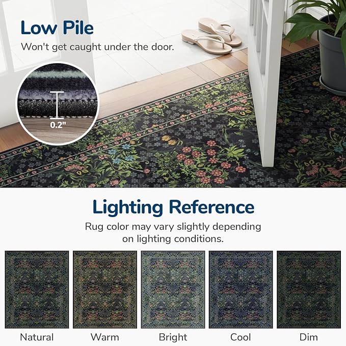 Lessymo Floral Black Green Washable Rugs 8x10, Living Room Area Rug Non Slip Boho Low Plie Large Carpet for Bedroom Dining Room Home Office, Vintage Flower Decor Distressed Retro Indoor