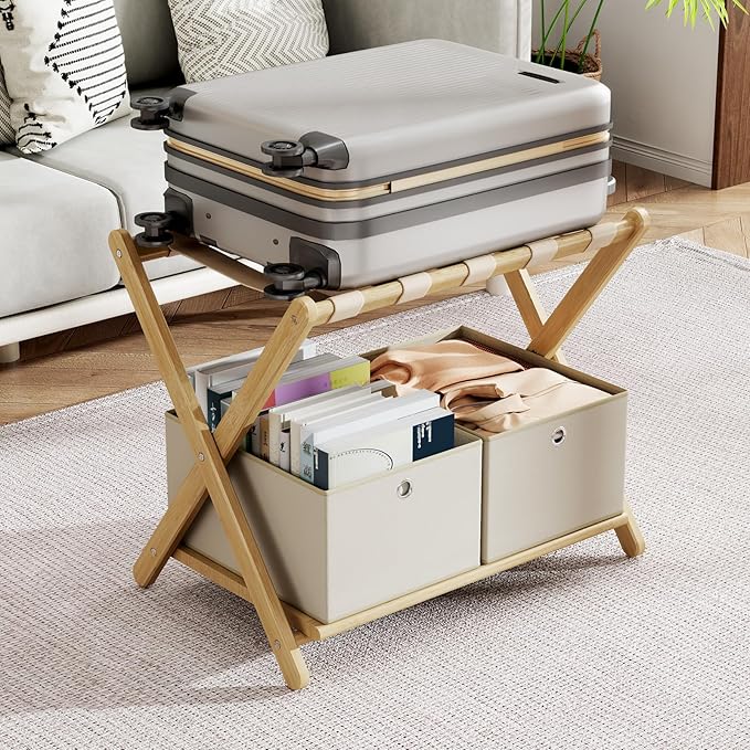 Fully Assembled Luggage Racks Pack of 2 with 4 Storage Boxes, Bamboo 26.77" Folding Luggage Stand for Guest Room, 5 Nylon Straps, Suitcase Stand with Storage Shelf for Bedroom Hotel, Natural
