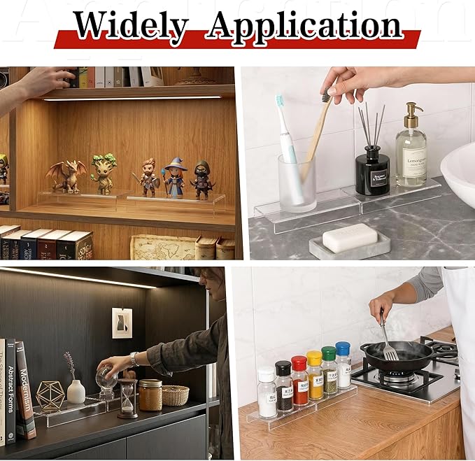 Sezanrpt Acrylic Shelf Riser 8x3.9x1 pack of 2, Countertop Acrylic Display Storage Organizer for Figure, Cosmetics, Bags, Shoes, Toys, Collectibles, 8x3.9x1 Inch
