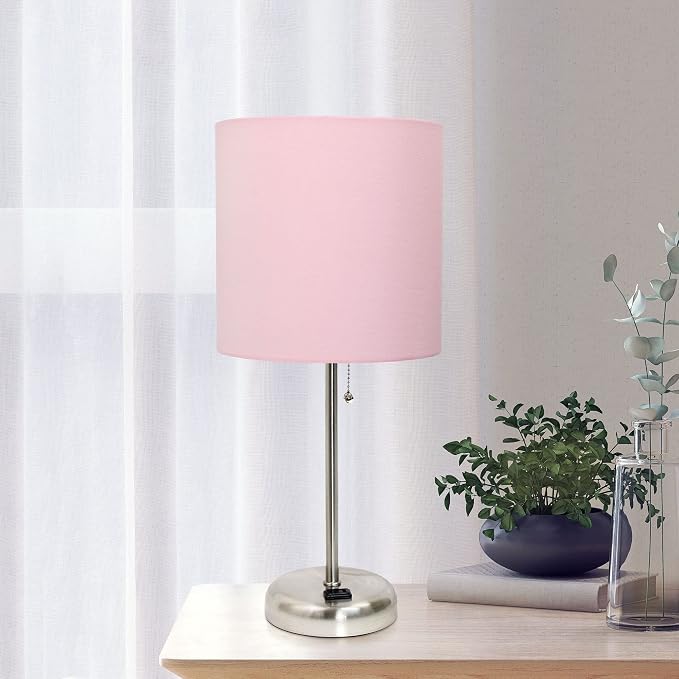 Oslo 19.5" Contemporary Bedside Power Outlet Base Standard Metal Table Desk Lamp in Brushed Steel with Light Pink Drum Fabric Shade