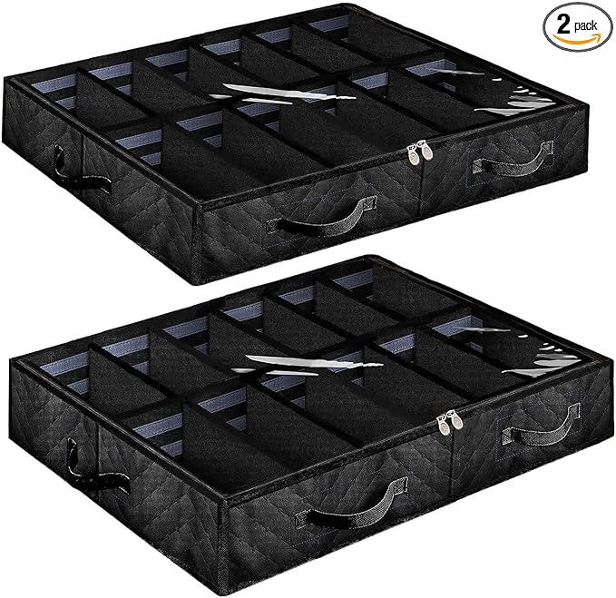 Under Bed Shoe Storage Organizer, Set of 2, Sturdy Structure, Adjustable Dividers, Reinforced Handle, Sturdy Zipper, Underbed Storage Solution with Clear Window, Breathable, Black