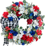 idyllic 22 Inch Patriotic Wreath 4th of July Wreaths for Front Door Red White and Blue Wreath Artificial Roses Hydrangea and Plaid Bow for Memorial Independence Day Spring Indoor Outdoor Decorations