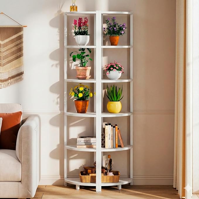 Corner Shelf with LED Lights, 6-Tier Corner Bookshelf, 66'' Organizer Book Shelf Shelves Steel Frame Display Stand with Living Room, Bedroom, Study, White