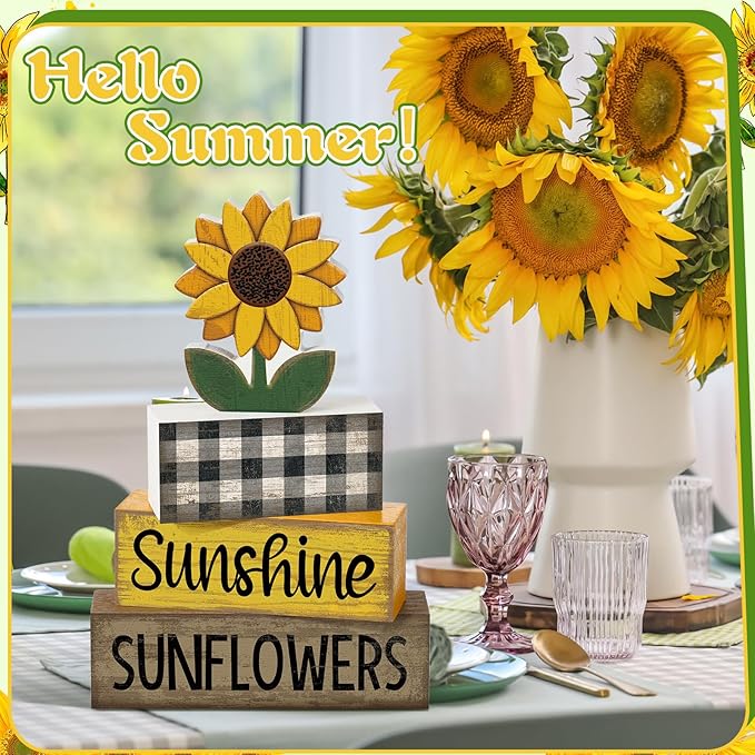 Yuntau 4 Pcs Sunflower Decorations Sunflower Wooden Sign Sunshine Table Centerpiece Summer Tiered Tray Decor Decorative Faux Book Stack Block for Coffee Table Fireplace Mantel Shelf Kitchen