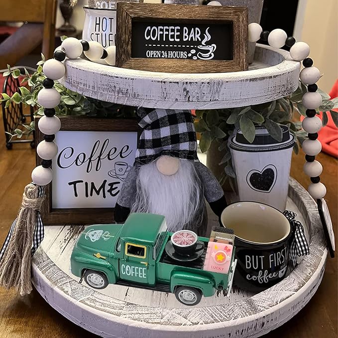 Coffee Bar Decor Vintage Mini Metal Pickup Truck Decorations with Book Accessories for Coffee Station, Farmhouse Tiered Tray Table Decorations for Home Kitchen, Office, Cafe
