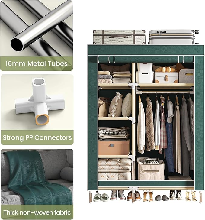 Portable Wardrobe, Simple Wardrobe, with 5 Shelves, Hanging Rod and Non-Woven Fabric Cover, Suitable for Small Spaces.(Green, 41.3 in)