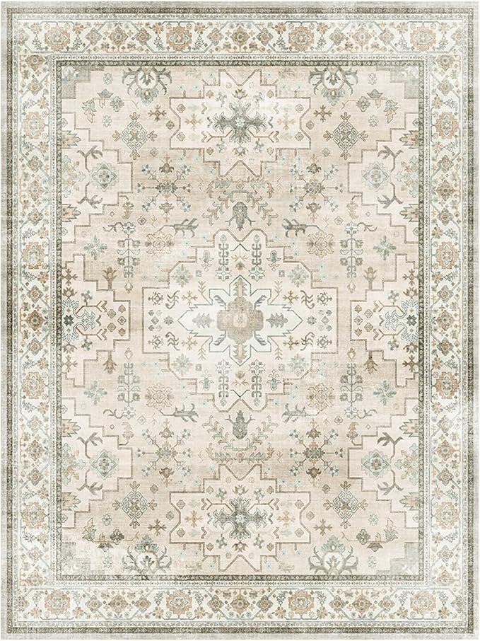 Lessymo Washable Rugs for Living Room, 9x12 Large Area Rug for Bedroom Dining Home Office, Soft Non-Slip Vintage Stain Resistance Oushak Carpet, Boho Neutral Farmhouse Decor, Beige Brown