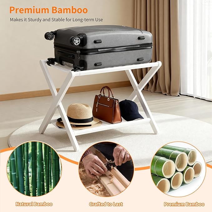 Heybly Luggage Rack, Pack of 2, Folding Suitcase Stand with Storage Shelf, Heavy-Duty Luggage Holder for Guest Room Bedroom Hotel, Holds up to 165 lb, White, HLR010W2