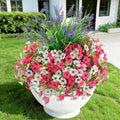 INQCMY Artificial Flowers for Outdoors UV Resistan 12 Pcs Silk Daisies with Eucalyptus Leaves and 2 Pcs Lavender Suitable for Porch Balcony Courtyard Garden (Rose Red White)