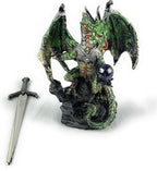 Ain't It Nice Medieval Dragon Statue with Sword and Crystal Ball - Collectible Fantasy Figurine Decor, Green 4(L) 2(W) 7(H) Inches