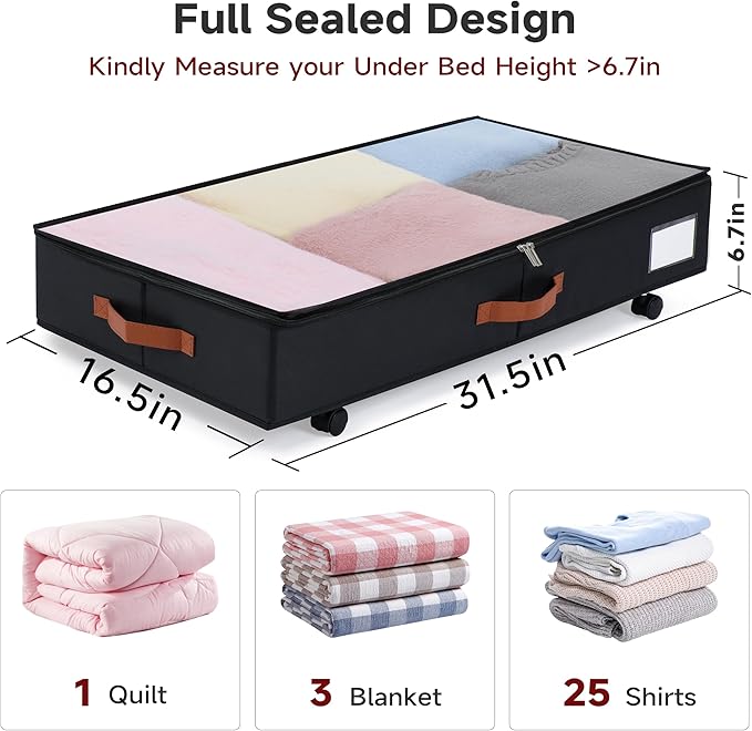 Under Bed Storage with Wheels Set of 2, Underbed Storage Container with Clear Lid Cover, 6.7 Inches Height Rolling Under Bed Drawer Storage Basket Bin Shoe Organizer for Cloth Sheet Sweater, Black