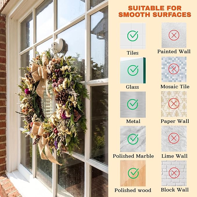 Ofiray-home Wreath Hangers, 4 Pack Heavy Duty Wreath Hangers for Front Doors/Windows/Over Door, No Drill & Reusable Suction Cup Hooks for Bedroom, RV, Bathroom and Home Storage Hooks(White)