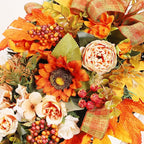 21.7Inch Artificial Fall Harvest Teardrop Swag for Front Door Thanksgiving Teardrop Wreath with Maple Leaves Berry Autumn Floral Swag for Home Wall(with Light)