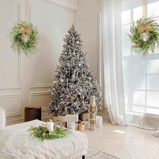 4 Pcs 9 Inch Christmas Wreaths for Kitchen Cabinet Artificial Cedar Pine Hanging Wreath with Red Berries Pine Needles for Front Door Xmas Swag Wreaths for Christmas Winter Farmhouse Home Decorations