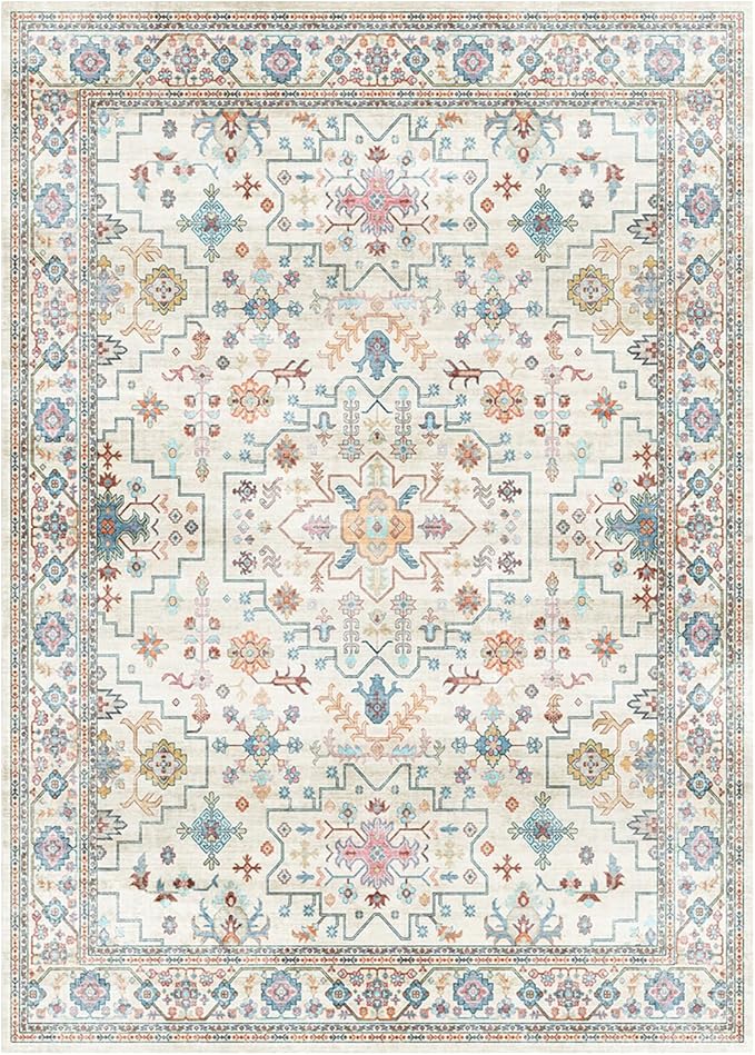 Lessymo Living Room Rug 5x7, Washable Area Rug for Bedroom Dinning Nursery Room Office, Boho Faux Wool Soft Non-Slip Carpet Pets Friendly, Vintage Floral Colorful Pastel Decor, Multi/Ivory