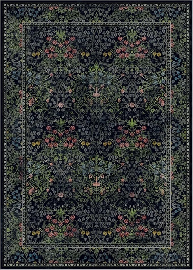 Lessymo Area Rugs 9x12 Living Room, Soft Washable Rug for Bedroom Dining Room Nursery Farmhouse, Boho Non Slip Low Plie Large Carpet Vintage Moody Dark Boho Flower, Black Green
