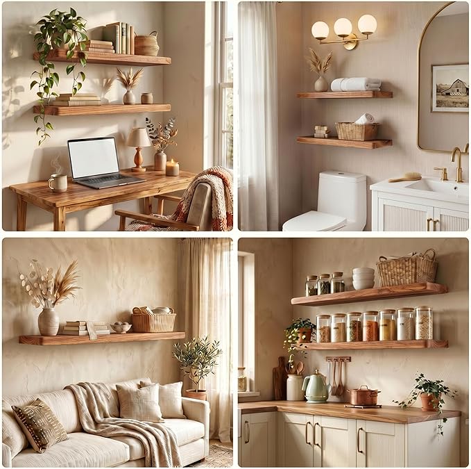 48 Inch Floating Shelves, Solid Wood Wall Shelves, 8 Inch Deep Floating Shelf – for Bathroom, Bedroom, Living Room, Kitchen, Home Decor & Storage, Heavy-Duty Wooden Shelf Wall-Mounted, Set of 1