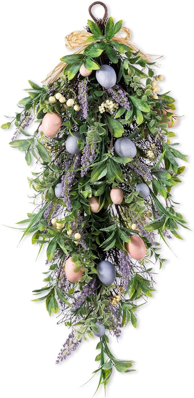 Glitzhome Easter Swag 28 Inch Artificial Spring Teardrop Wreath for Front Door & Porch Wall, Spring Easter Decor Decorative Swag