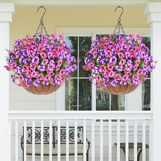 MARTINE MALL 12 Bundles Look Real Artificial Flowers for Outdoors, Realistic Fake Outdoor Flowers, UV Resistant Silk Pansy Flowers for Outside Faux Flowers Plants for Outdoor Porch Patio, Pink+Purple