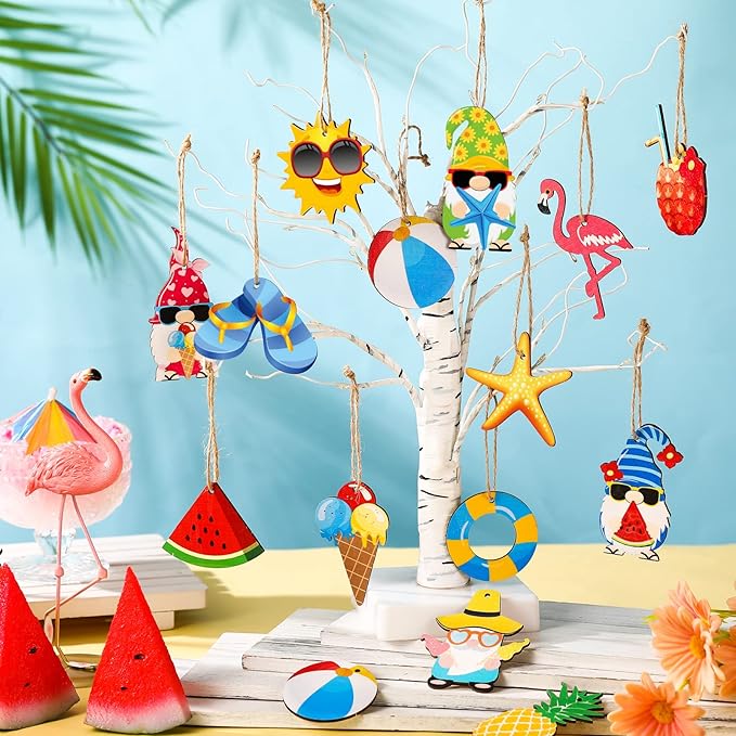 Geelin 36 Pcs Summer Wood Hanging Ornaments for Tree Mini Tree Decorations Hawaiian Beach Wooden Pendant Decorations with String for Luau Party Supplies(Gnome)