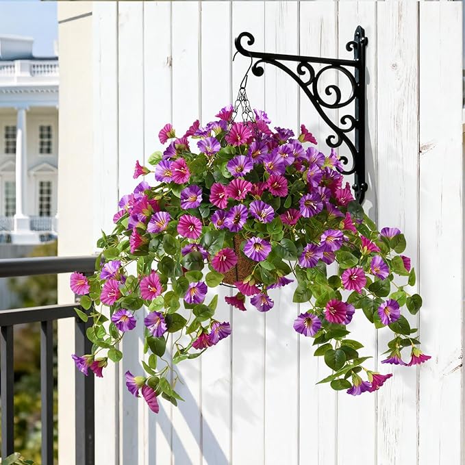Homsunny Artificial Hanging Fake Flowers with Basket Plants for Outdoor Spring and Summer Decoration, Faux Silk Flower UV Resistant Morning Glory for Home Porch Patio Garden Balcony Yard Look Real