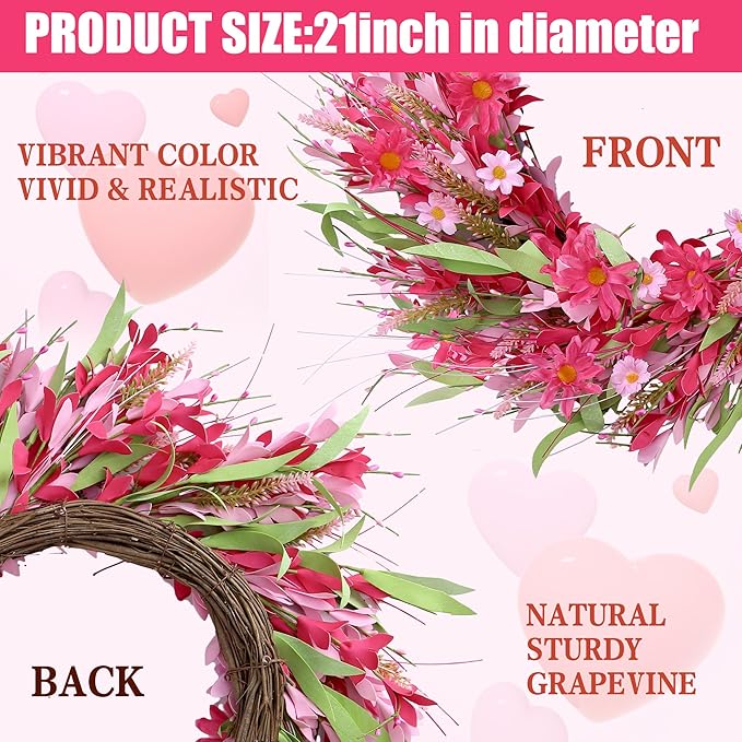 Sggvecsy 21in Artificial Pink Forsythia Wreath Spring Summer Fake Daisy Wreath Handmade Wreath with Daisies Lavender for Gifts Festival Front Door Window Wall Farmhouse Decor