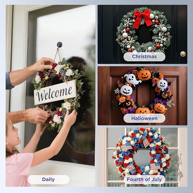 OUTXE Suction Cup Wreath Hanger, Upgraded Reef Hook for Front Door/Glass Window/Over Door, Christmas/Thanksgiving/Halloween/July 4th/Easter/Valentine/Spring/Summer/Fall (Black, 2-Pack)